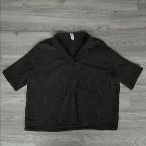 Stars Above Charcoal Short Sleeve Collar Button Up Ribbed Texture Oversize Top